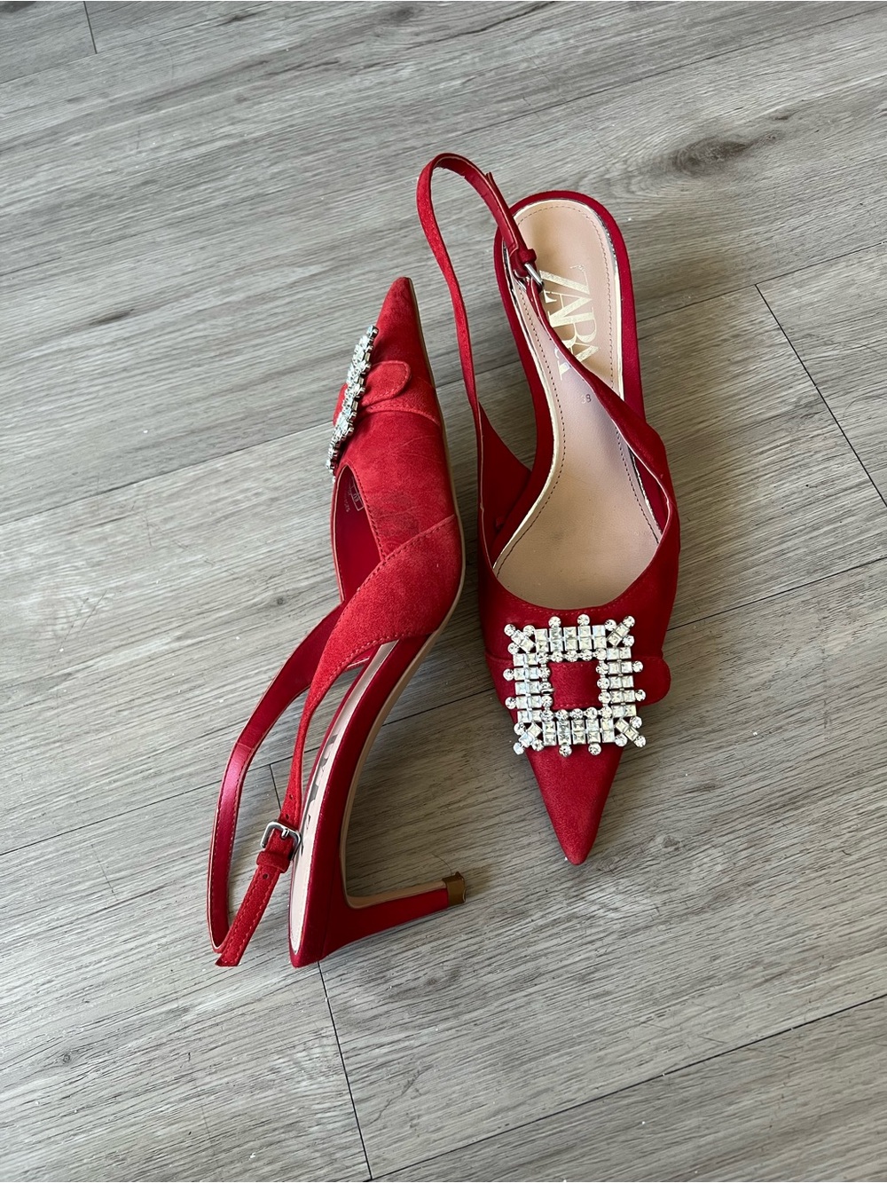 Zara Red Suede Rhinestone Buckle Pointy Toe Sling Backs Sz 38 - Picture 4 of 9